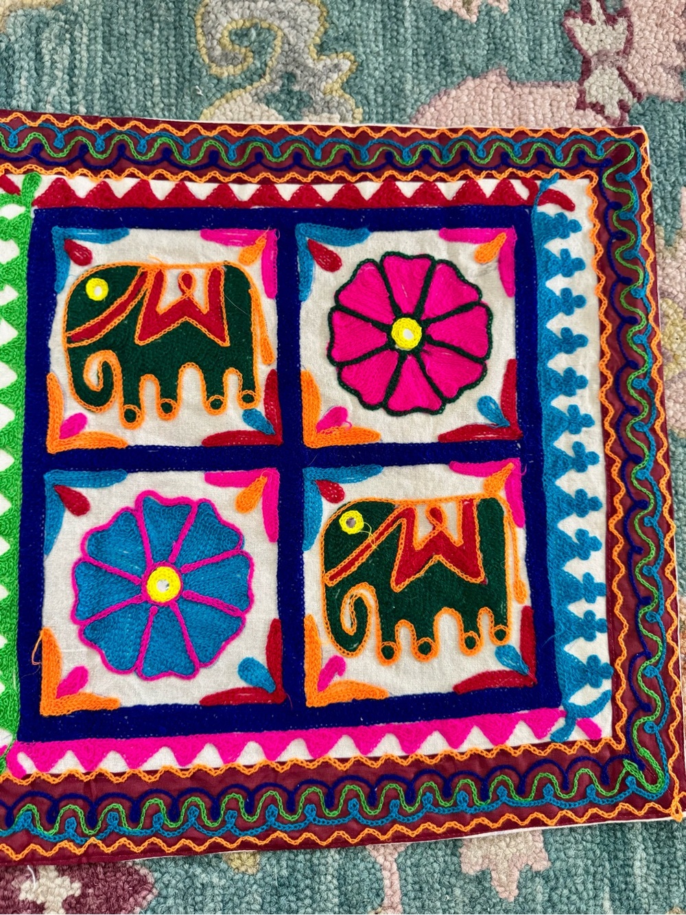 Vtg Hand Embroidered Mirror work Gujarati Textile Wall Art Banjara Table Runner